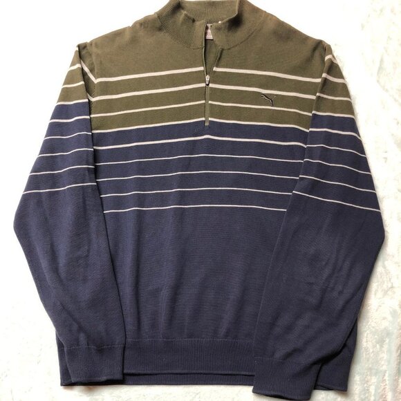 Puma Navy & Olive Green Striped Quarter Zip Long Sleeve Pullover Sweater XL - Picture 2 of 8